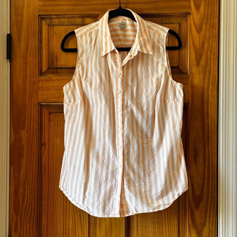 100% Cotton Sleeveless Button-Down Collared Shirt Peach & White Size L